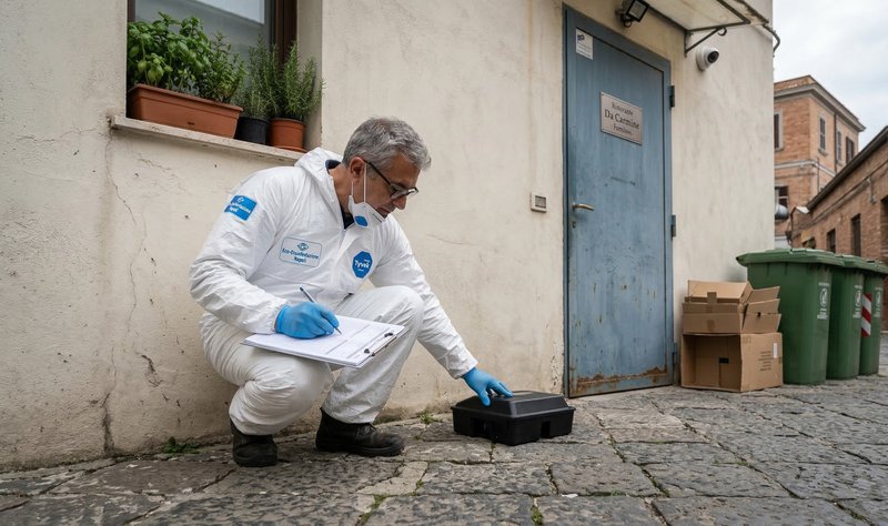 Tecnico derattizzazione ispeziona trappola per topi a Bologna