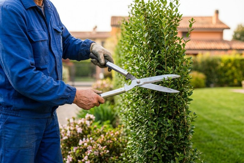 Giardiniere professionista La Pulinova esegue potatura siepi primaverile in giardino a Bologna