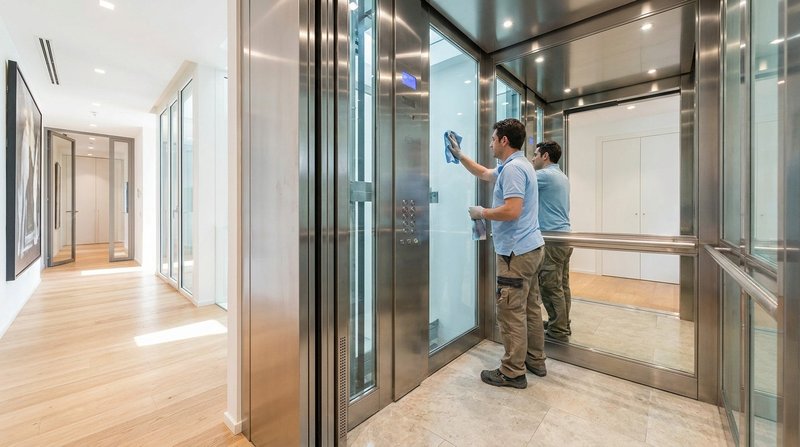 Professionista La Pulinova pulisce ascensore e corridoi di condominio moderno a Bologna