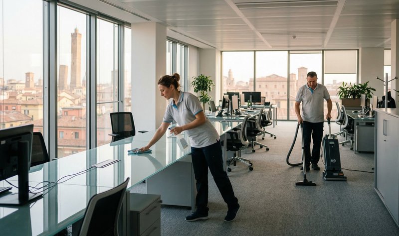 Operatori La Pulinova puliscono ufficio con vista su Bologna — impresa di pulizie a Bologna