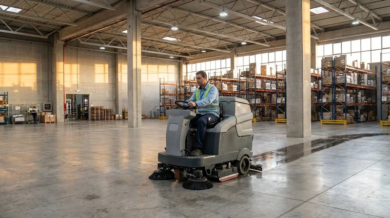 Operatore La Pulinova con lavasciuga industriale in capannone produttivo a Bologna